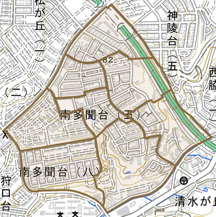 南多聞台とその周辺の地図。町の範囲を重ねている