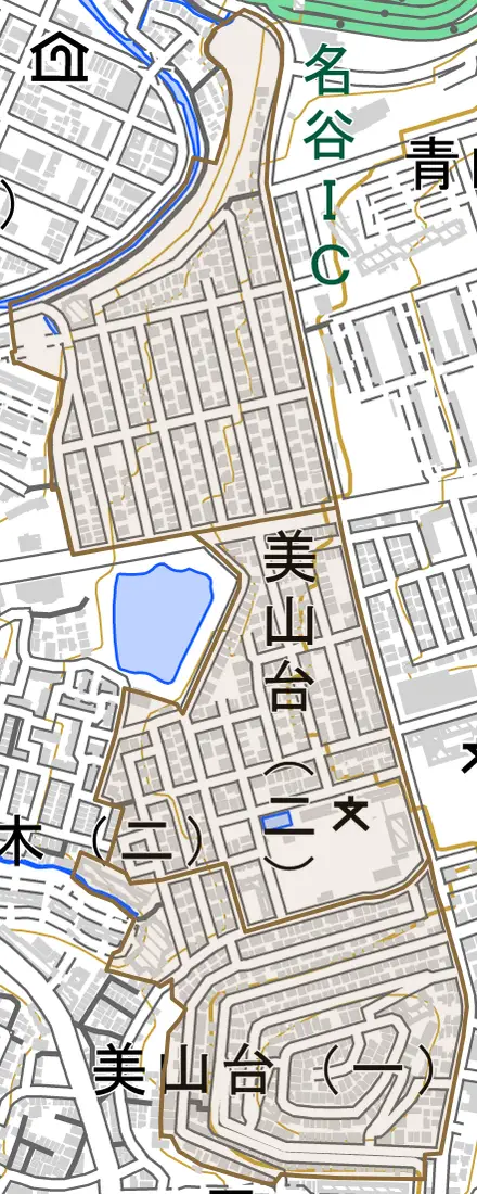 美山台とその周辺の地図。町の範囲を重ねている