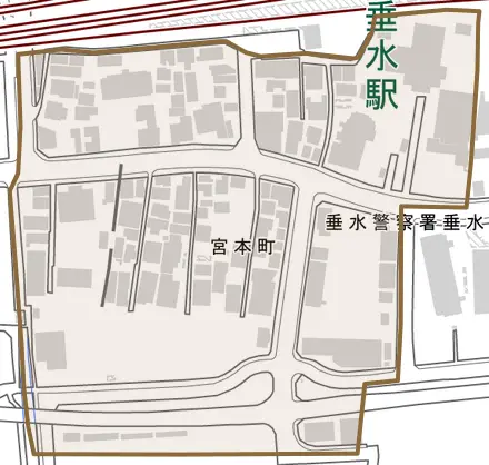 宮本町とその周辺の地図。町の範囲を重ねている
