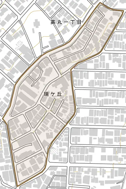 瑞ケ丘とその周辺の地図。町の範囲を重ねている