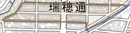 瑞穂通とその周辺の地図。町の範囲を重ねている