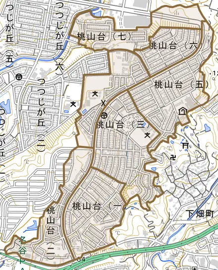 桃山台とその周辺の地図。町の範囲を重ねている