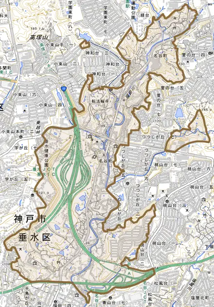 名谷町とその周辺の地図。町の範囲を重ねている
