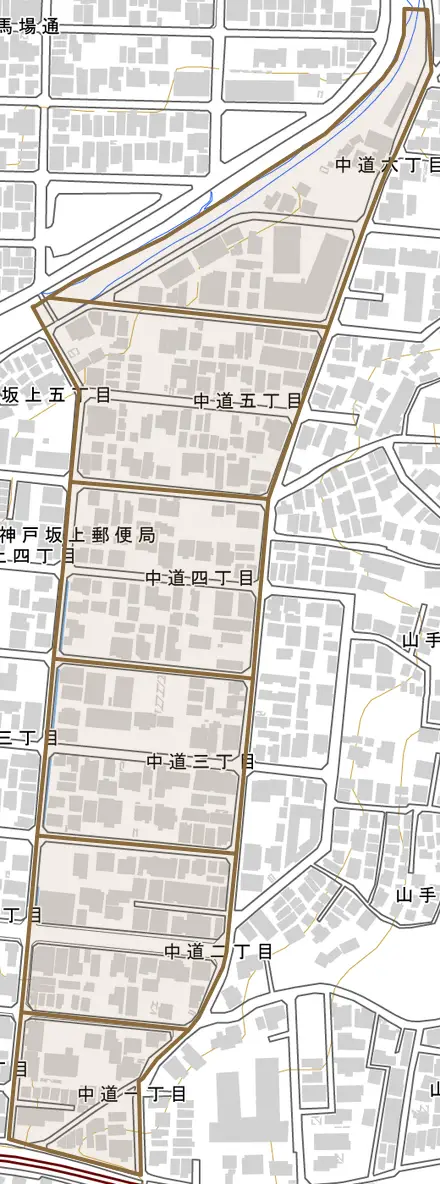 中道とその周辺の地図。町の範囲を重ねている