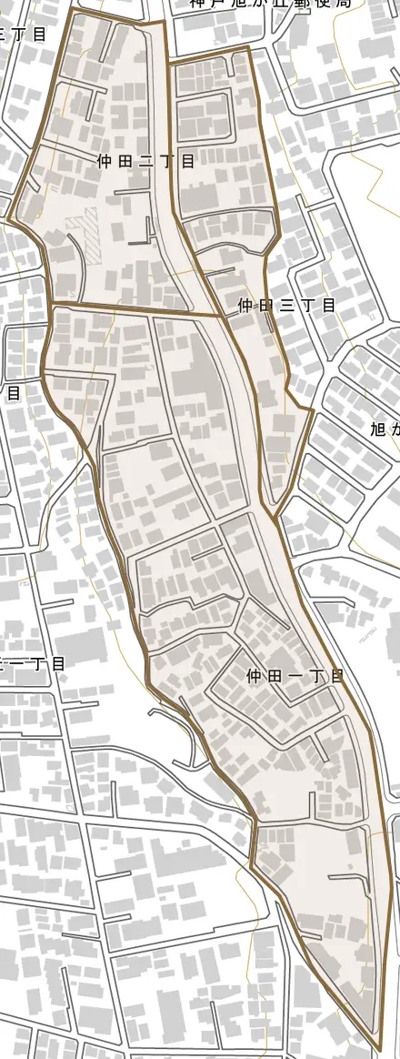 仲田とその周辺の地図。町の範囲を重ねている