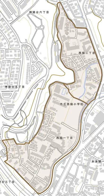 西脇とその周辺の地図。町の範囲を重ねている