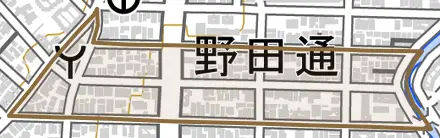 野田通とその周辺の地図。町の範囲を重ねている