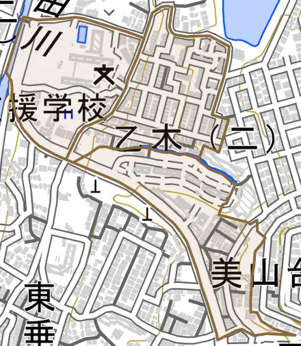 乙木とその周辺の地図。町の範囲を重ねている