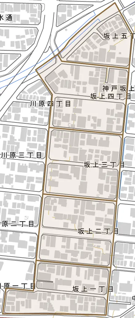 坂上とその周辺の地図。町の範囲を重ねている