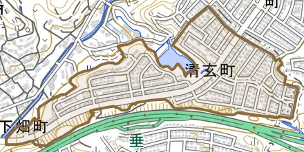 清玄町とその周辺の地図。町の範囲を重ねている