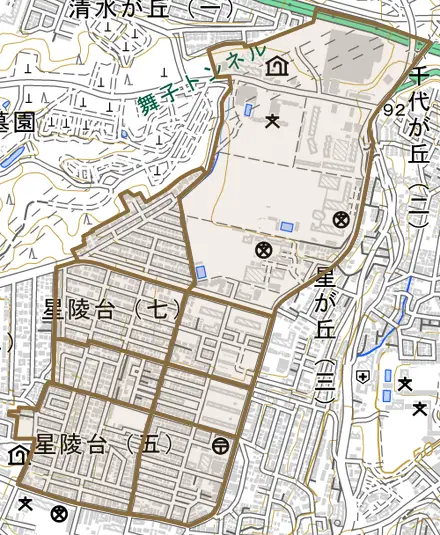 星陵台とその周辺の地図。町の範囲を重ねている