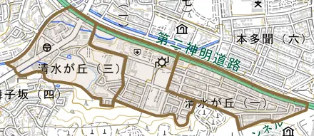 清水が丘とその周辺の地図。町の範囲を重ねている
