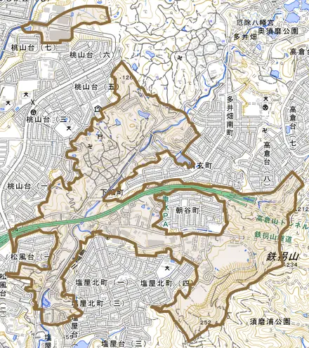 下畑町とその周辺の地図。町の範囲を重ねている