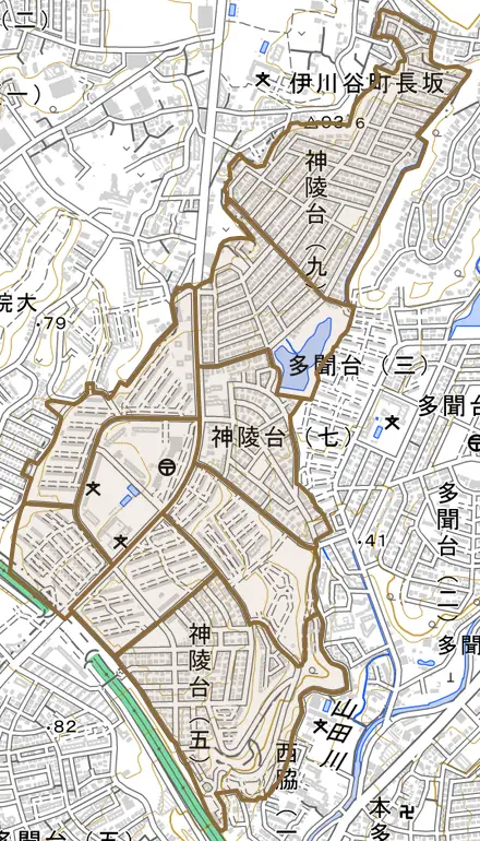 神陵台とその周辺の地図。町の範囲を重ねている