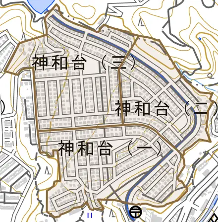 神和台とその周辺の地図。町の範囲を重ねている