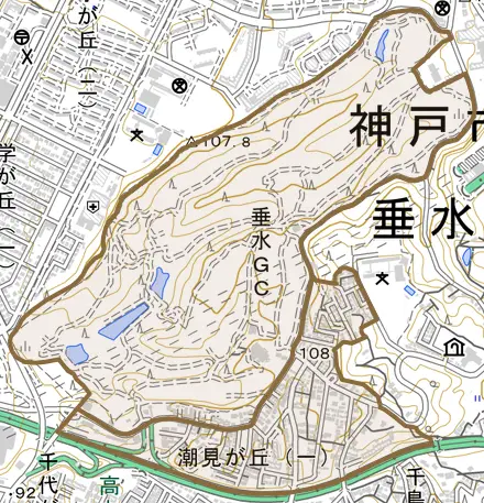 潮見が丘とその周辺の地図。町の範囲を重ねている