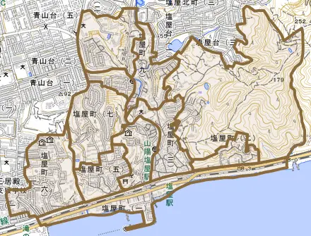 塩屋町とその周辺の地図。町の範囲を重ねている