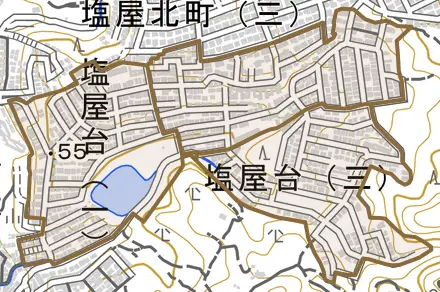 塩屋台とその周辺の地図。町の範囲を重ねている