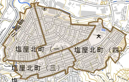 塩屋北町とその周辺の地図。町の範囲を重ねている