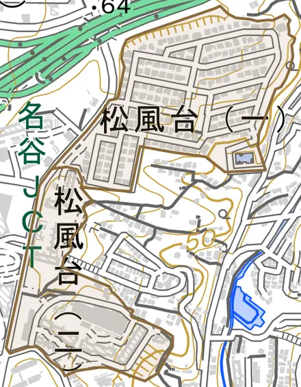 松風台とその周辺の地図。町の範囲を重ねている