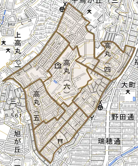 高丸とその周辺の地図。町の範囲を重ねている