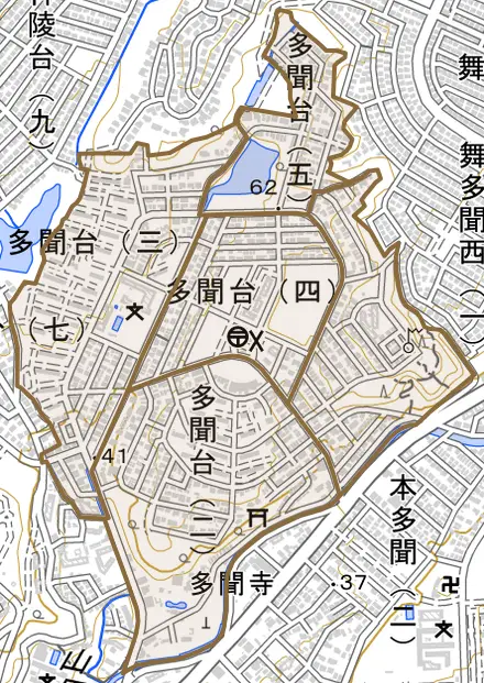 多聞台とその周辺の地図。町の範囲を重ねている