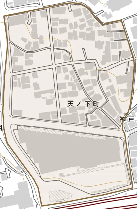 天ノ下町とその周辺の地図。町の範囲を重ねている