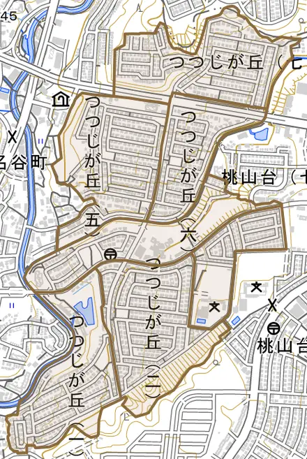 つつじが丘とその周辺の地図。町の範囲を重ねている