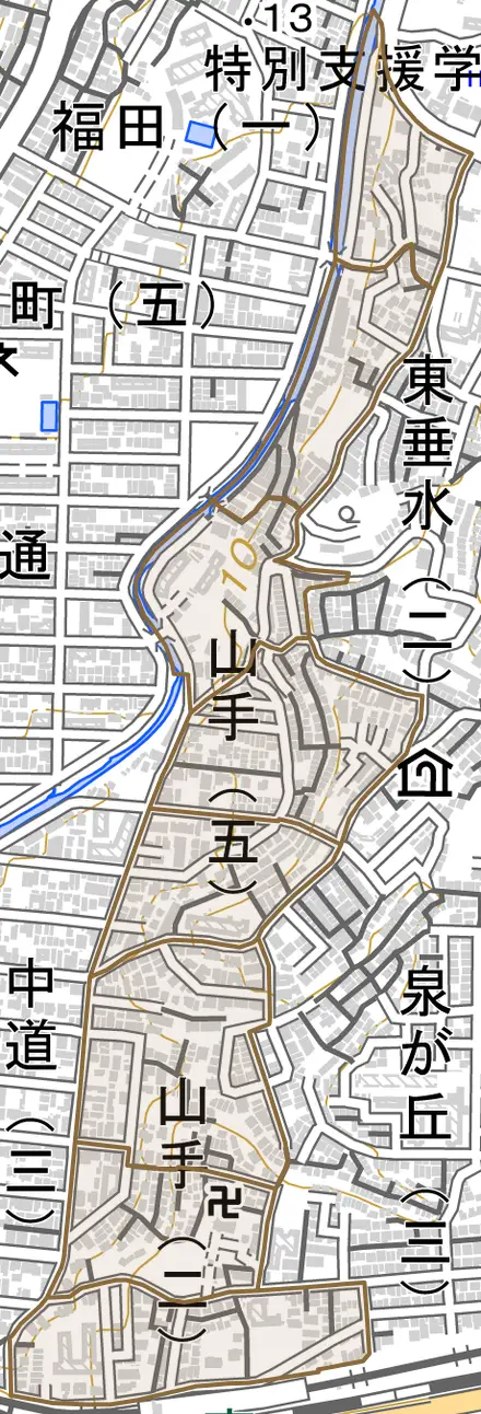 山手とその周辺の地図。町の範囲を重ねている