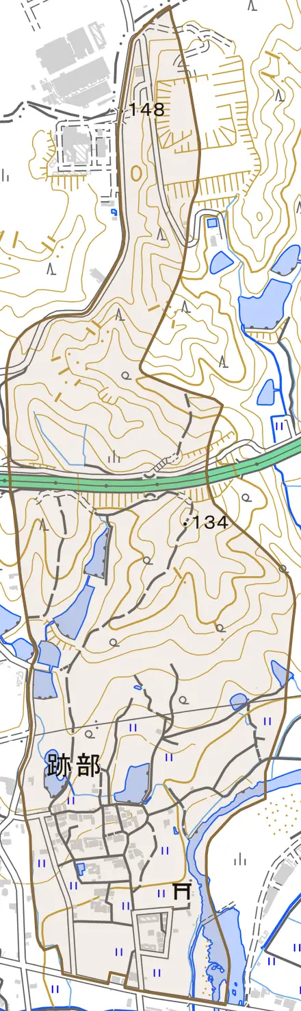 跡部とその周辺の地図。町の範囲を重ねている