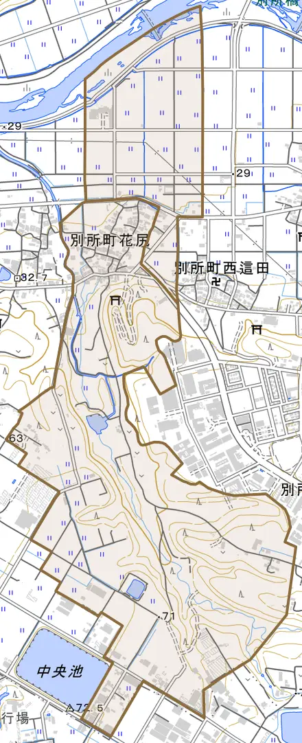 別所町花尻とその周辺の地図。町の範囲を重ねている