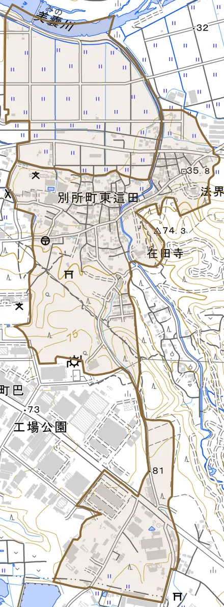 別所町東這田とその周辺の地図。町の範囲を重ねている