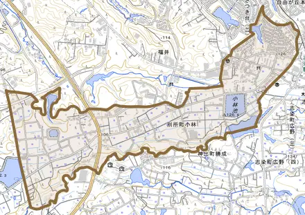 別所町小林とその周辺の地図。町の範囲を重ねている