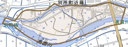 別所町近藤とその周辺の地図。町の範囲を重ねている