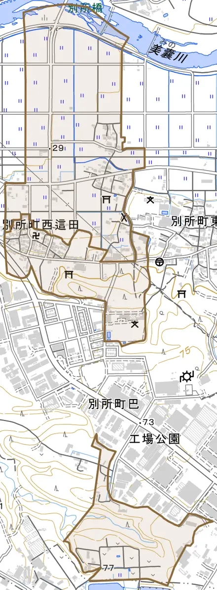 別所町西這田とその周辺の地図。町の範囲を重ねている