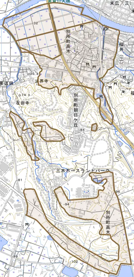 別所町高木とその周辺の地図。町の範囲を重ねている