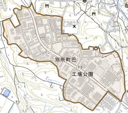 別所町巴とその周辺の地図。町の範囲を重ねている