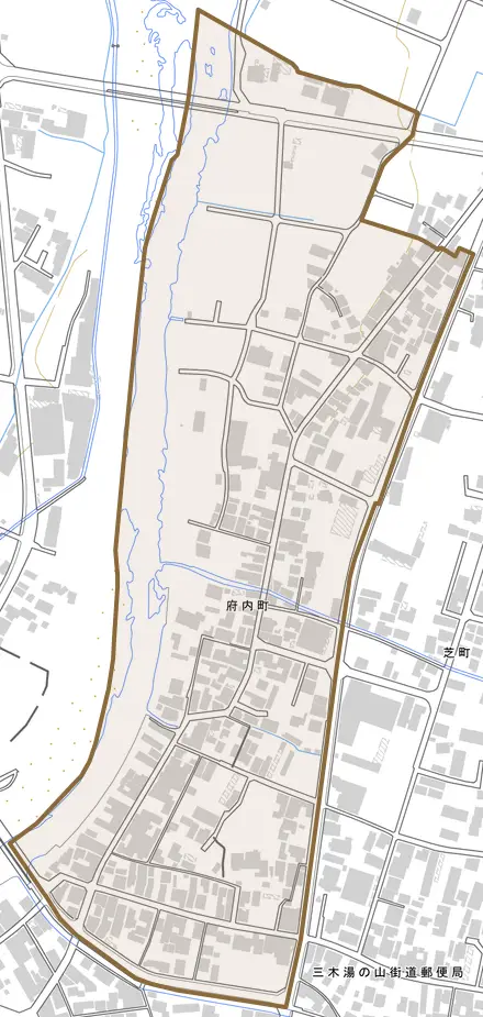 府内町とその周辺の地図。町の範囲を重ねている