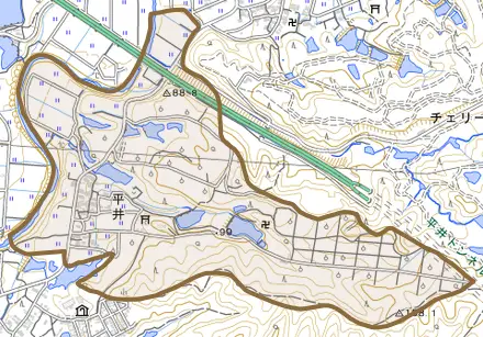 平井とその周辺の地図。町の範囲を重ねている