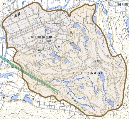 細川町細川中とその周辺の地図。町の範囲を重ねている