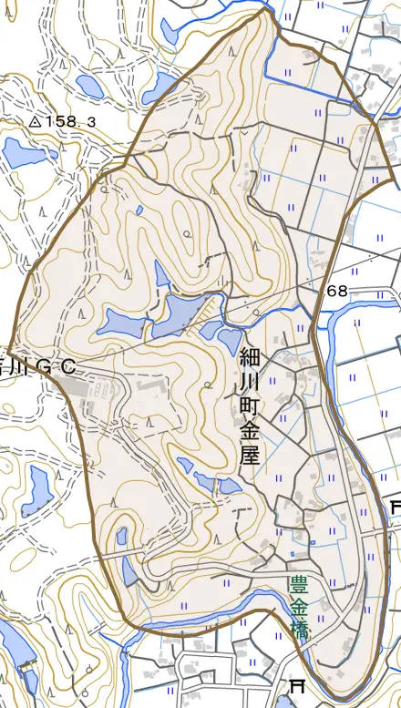細川町金屋とその周辺の地図。町の範囲を重ねている