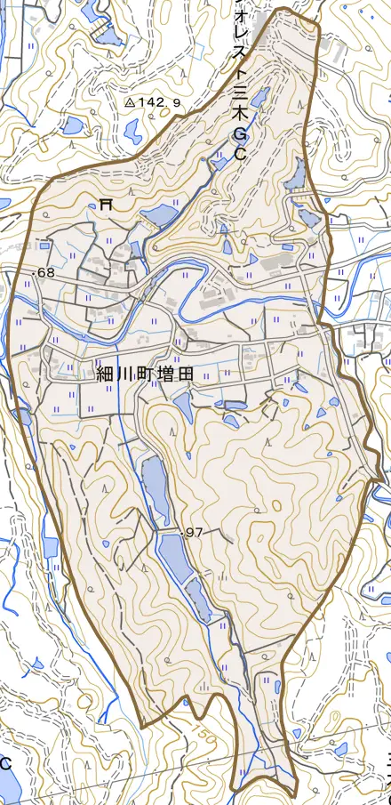 細川町増田とその周辺の地図。町の範囲を重ねている