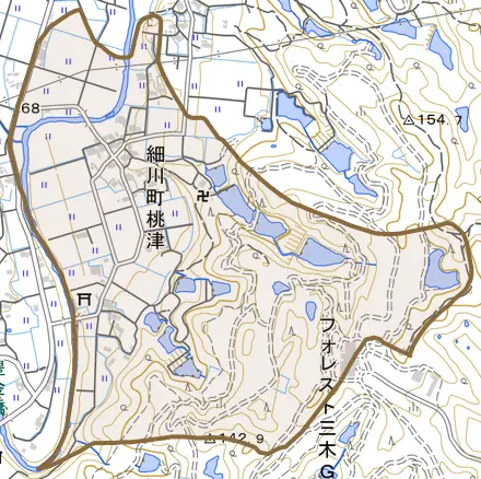 細川町桃津とその周辺の地図。町の範囲を重ねている
