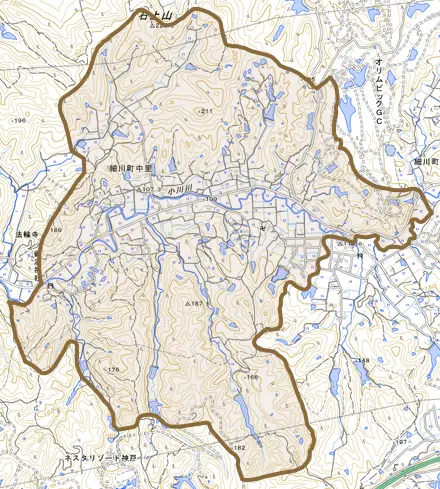 細川町中里とその周辺の地図。町の範囲を重ねている