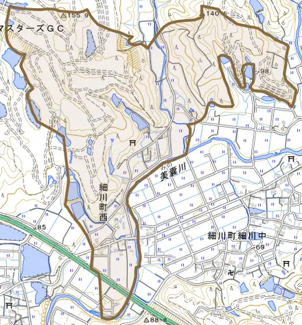 細川町西とその周辺の地図。町の範囲を重ねている