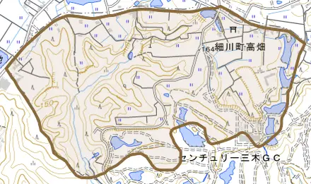 細川町高畑とその周辺の地図。町の範囲を重ねている
