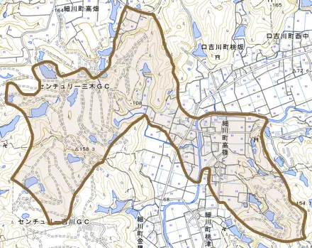 細川町高篠とその周辺の地図。町の範囲を重ねている