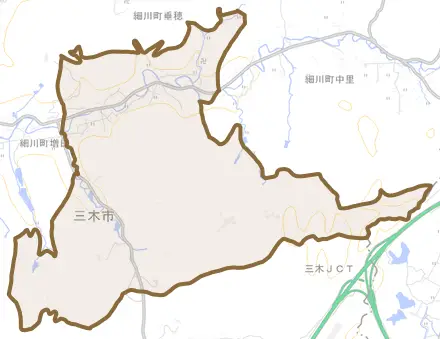細川町垂穂とその周辺の地図。町の範囲を重ねている