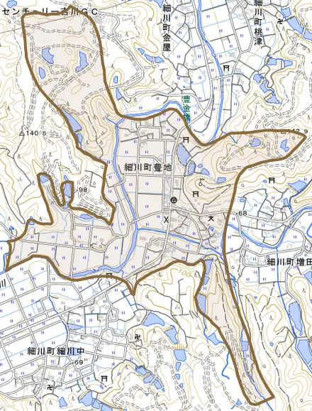細川町豊地とその周辺の地図。町の範囲を重ねている