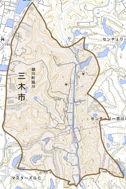 細川町脇川とその周辺の地図。町の範囲を重ねている